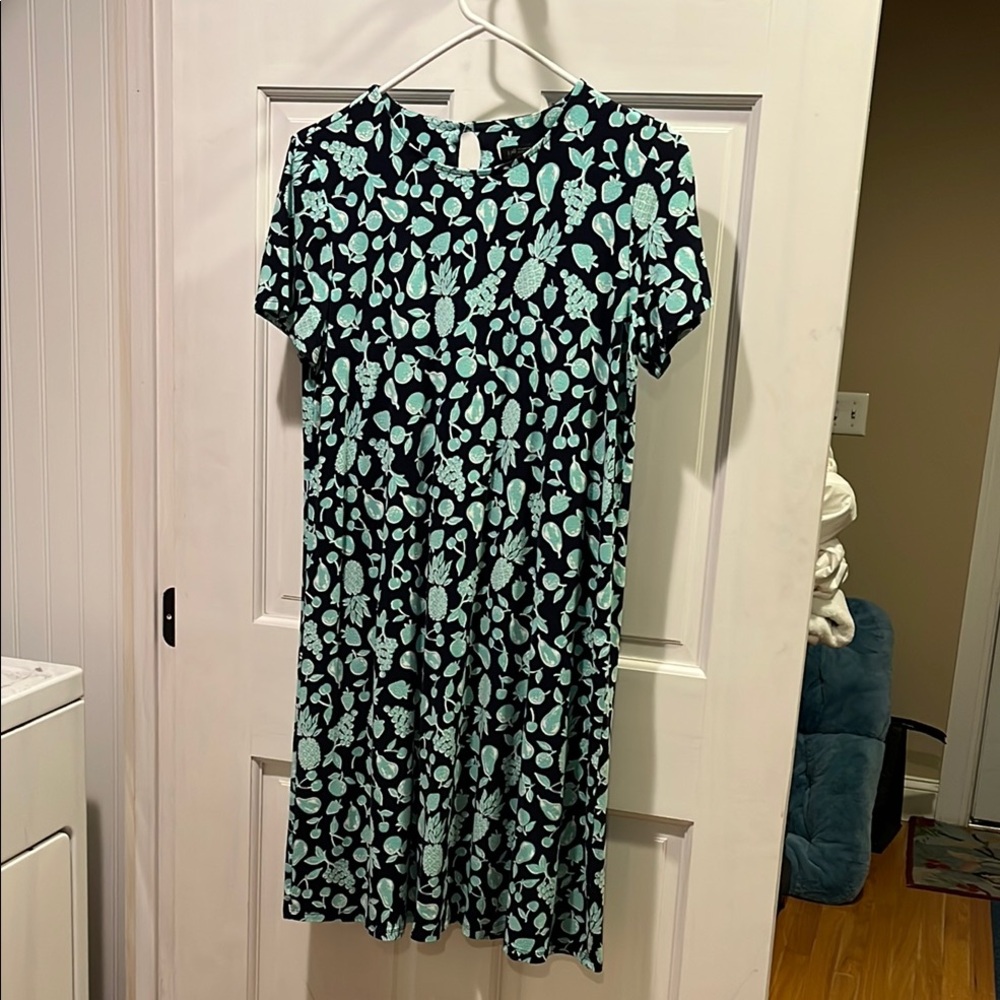 Fun blue and Green Dress with fruit pattern from J.Jill wearever collection.